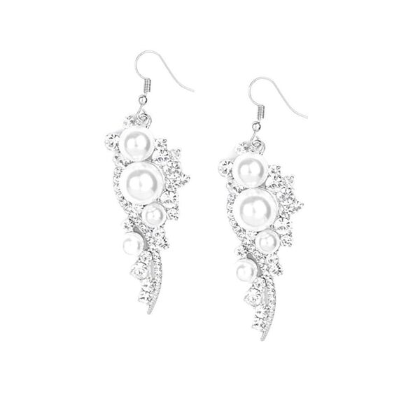 Faux Cabochon Pearl & Rhinestone Encrusted Statement Earrings Silver Tone OSFM - Picture 1 of 3